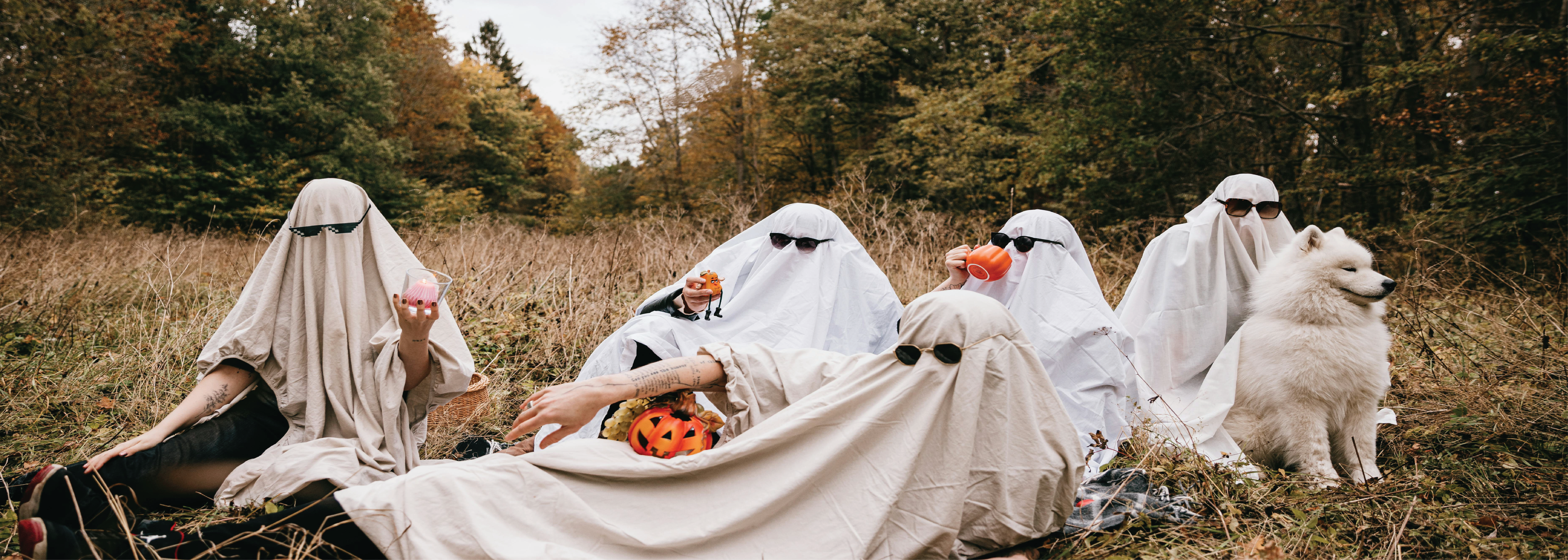 People in Halloween Ghost Costumes Sitting on Grass